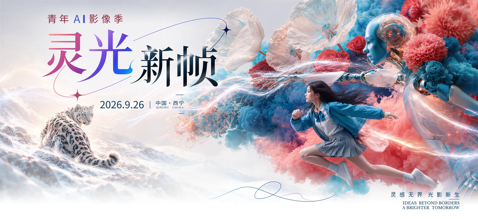 灵光新帧共创计划主视觉：灵光新帧标题、2026.9.26 中国·西宁、灵感无界·光影新生，以及奔跑的青年、机器人与雪豹