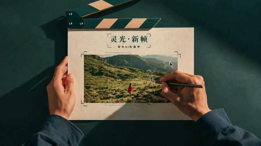 手持电影场记板与正在剪辑的取景画面，呈现「灵光·新帧——青年AI影像季」的创作现场